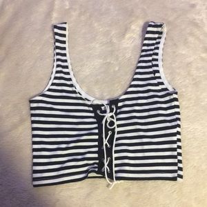 Topshop Blue Striped Lace-Up Crop Top